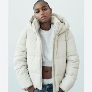 ZARA CREAM ECRU FAUX LEATHER PUFFER WATER-REPELLENT HOODED JACKET COAT SZ S